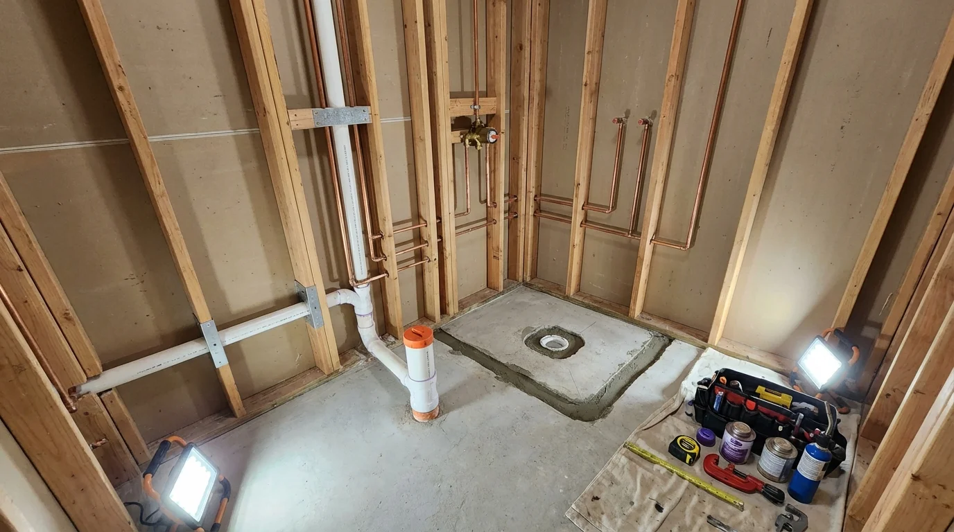Bathroom rough-in plumbing during remodel by Johns Plumbing LLC in Durham
