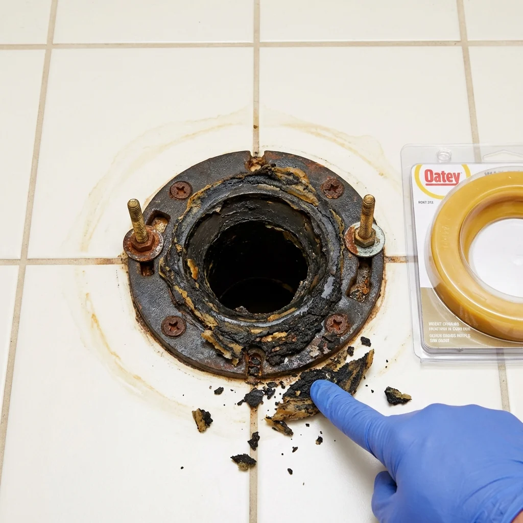 Failed wax ring showing water seepage at the base of a toilet in a Durham, CA home