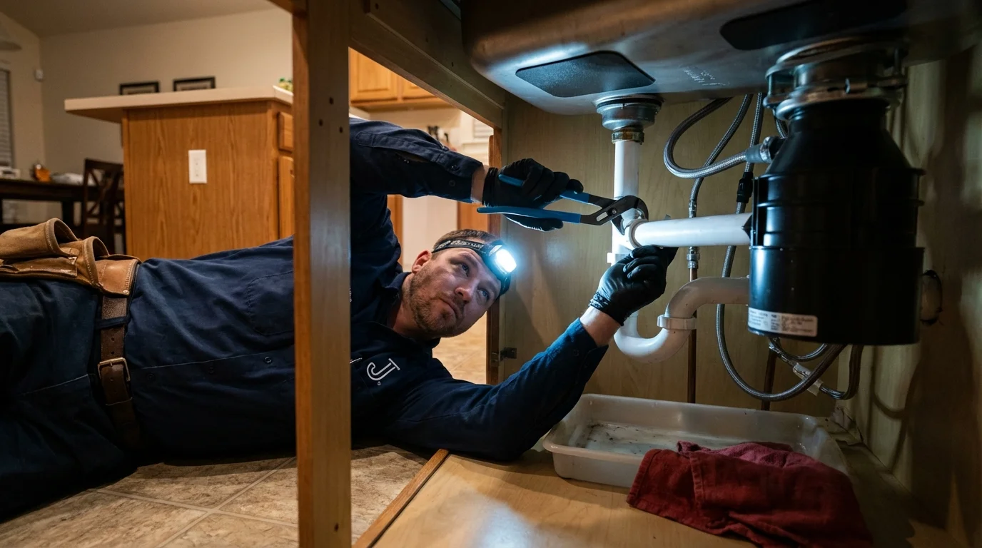 P-trap and supply line connections under a kitchen sink showing a common leak point in Durham, CA
